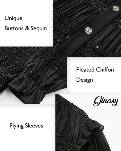 Sequin Ruffle Neck Button Down Shirt